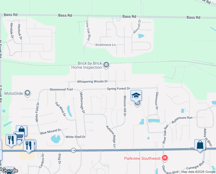 map of restaurants, bars, coffee shops, grocery stores, and more near 8800-8898 Whispering Woods Drive in Fort Wayne
