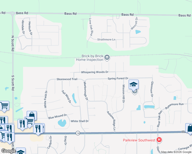 map of restaurants, bars, coffee shops, grocery stores, and more near 9100-9198 Whispering Woods Drive in Fort Wayne