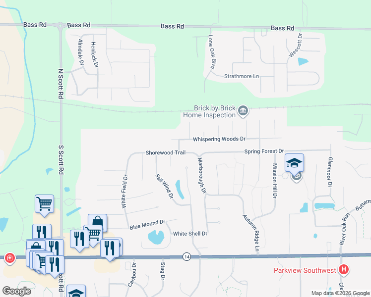 map of restaurants, bars, coffee shops, grocery stores, and more near 9332-9398 Whispering Woods Drive in Fort Wayne