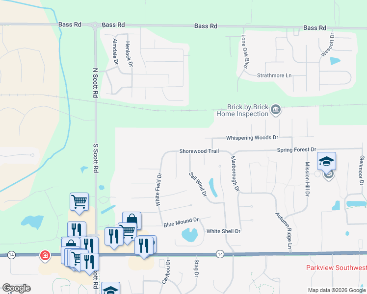 map of restaurants, bars, coffee shops, grocery stores, and more near 9624 Shorewood Trail in Fort Wayne