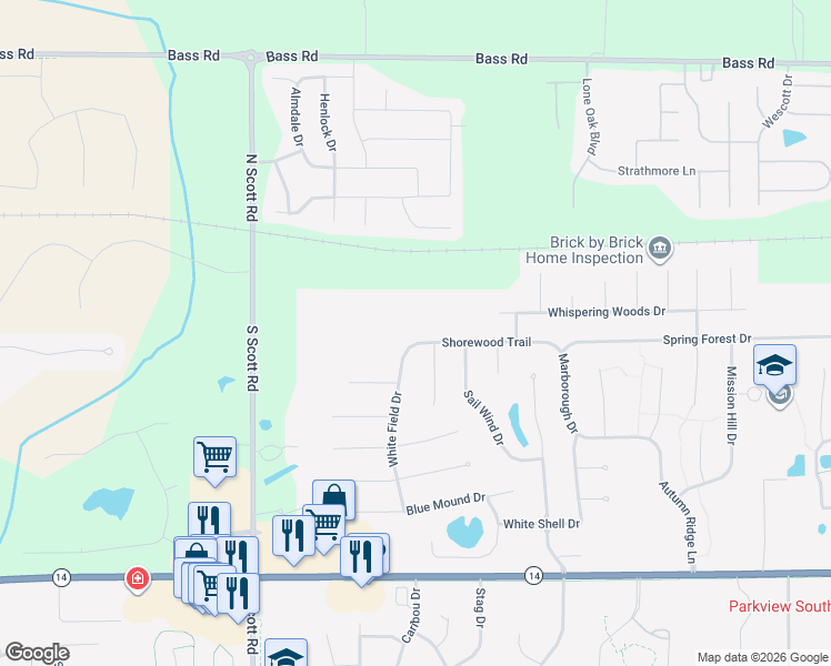 map of restaurants, bars, coffee shops, grocery stores, and more near 9722 Shorewood Trail in Fort Wayne
