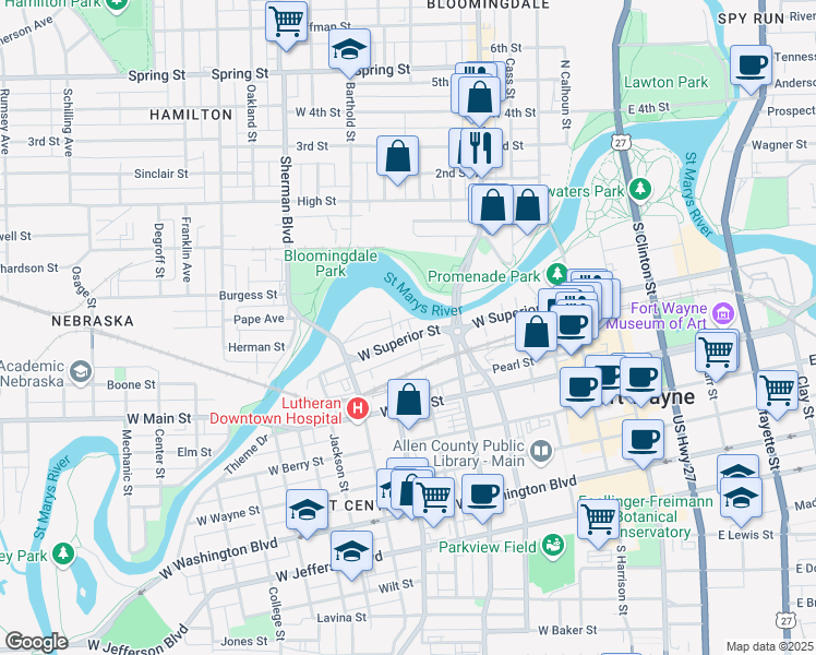 map of restaurants, bars, coffee shops, grocery stores, and more near 616 West Superior Street in Fort Wayne
