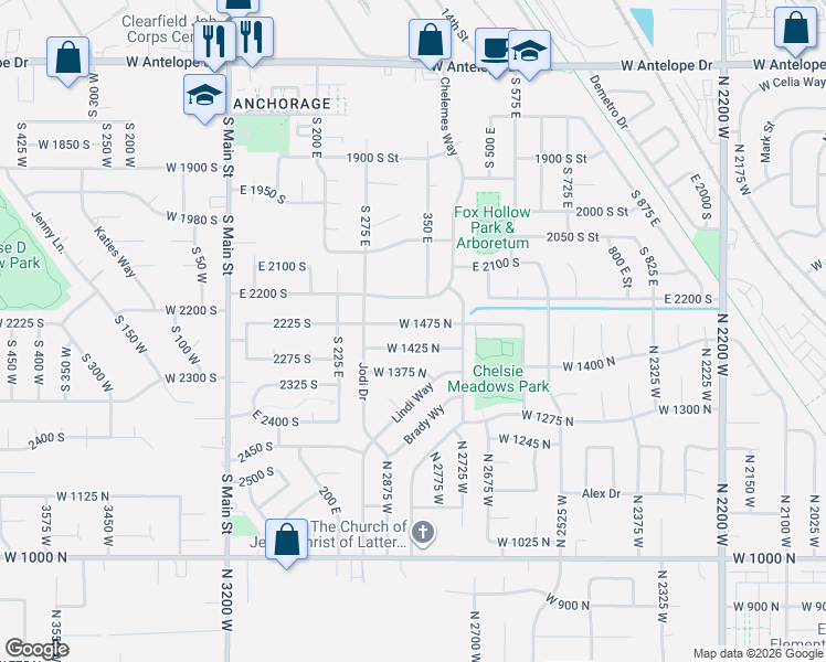 map of restaurants, bars, coffee shops, grocery stores, and more near 2817 West 1475 North in Layton