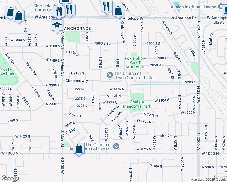 map of restaurants, bars, coffee shops, grocery stores, and more near 2817 West 1475 North in Layton