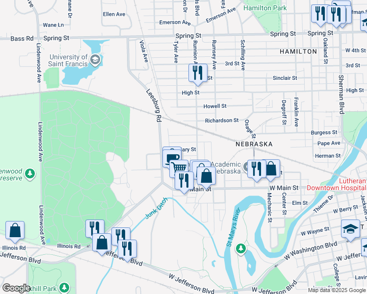 map of restaurants, bars, coffee shops, grocery stores, and more near 1828 Mary Street in Fort Wayne