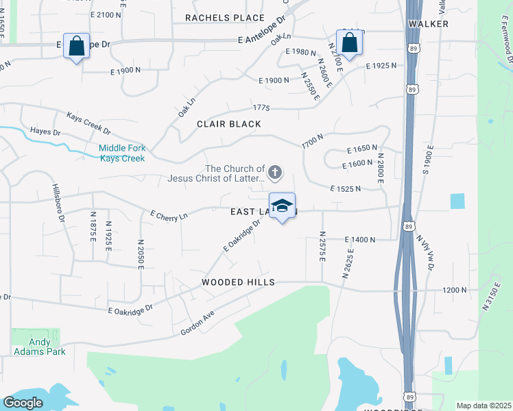 map of restaurants, bars, coffee shops, grocery stores, and more near 2345 East Cherry Lane in Layton