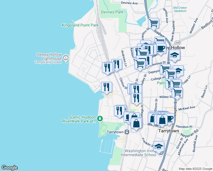 map of restaurants, bars, coffee shops, grocery stores, and more near 56 Hudson Street in Sleepy Hollow