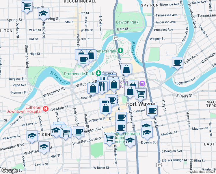 map of restaurants, bars, coffee shops, grocery stores, and more near 100 West Superior Street in Fort Wayne