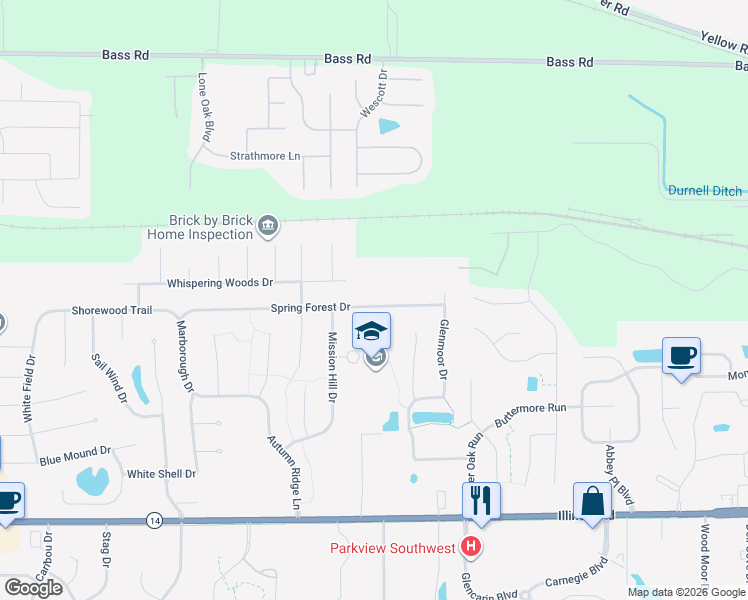 map of restaurants, bars, coffee shops, grocery stores, and more near 8510 Spring Forest Dr in Fort Wayne