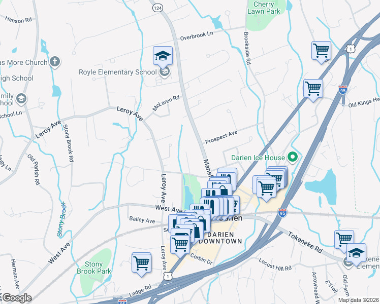 map of restaurants, bars, coffee shops, grocery stores, and more near 75 Connecticut 124 in Darien