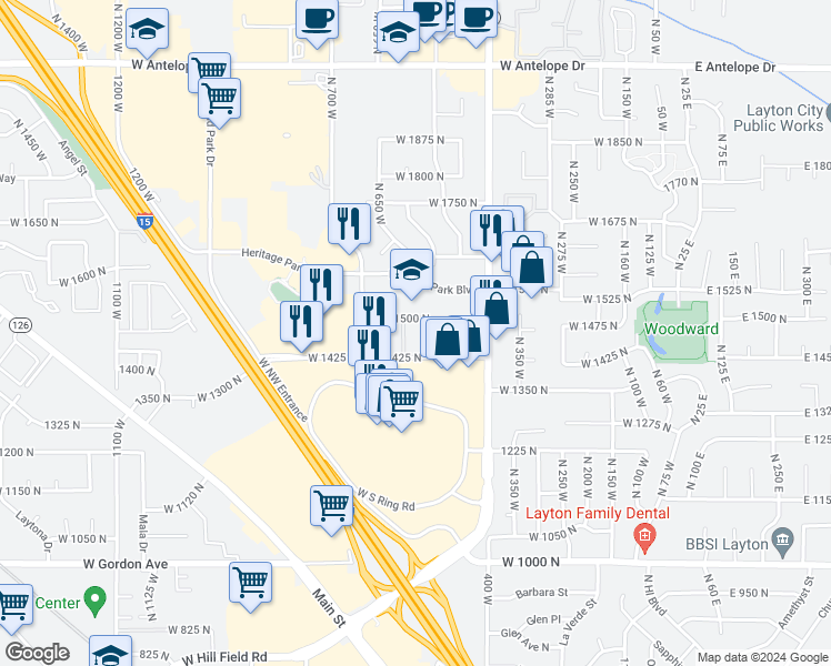 map of restaurants, bars, coffee shops, grocery stores, and more near 523 Heritage Park Boulevard in Layton