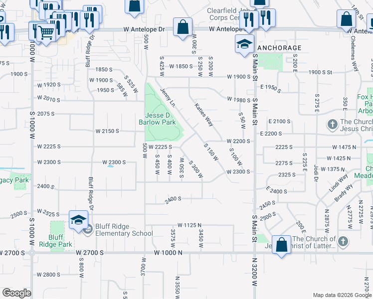 map of restaurants, bars, coffee shops, grocery stores, and more near 370 West 2150 South in Clearfield