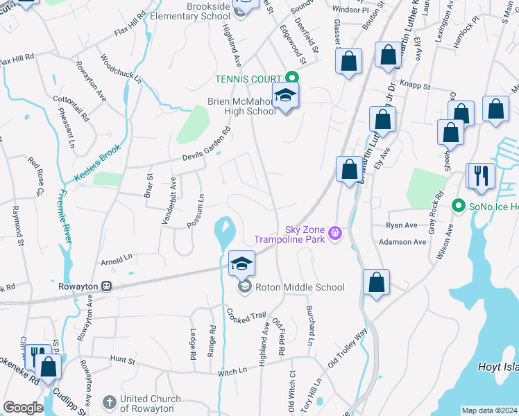 map of restaurants, bars, coffee shops, grocery stores, and more near 80 Rowayton Woods Drive in Norwalk