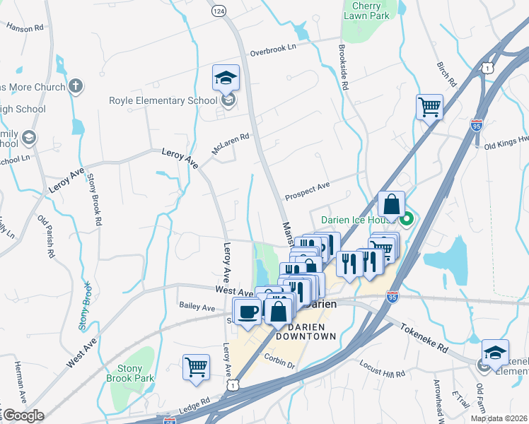 map of restaurants, bars, coffee shops, grocery stores, and more near 75 Connecticut 124 in Darien