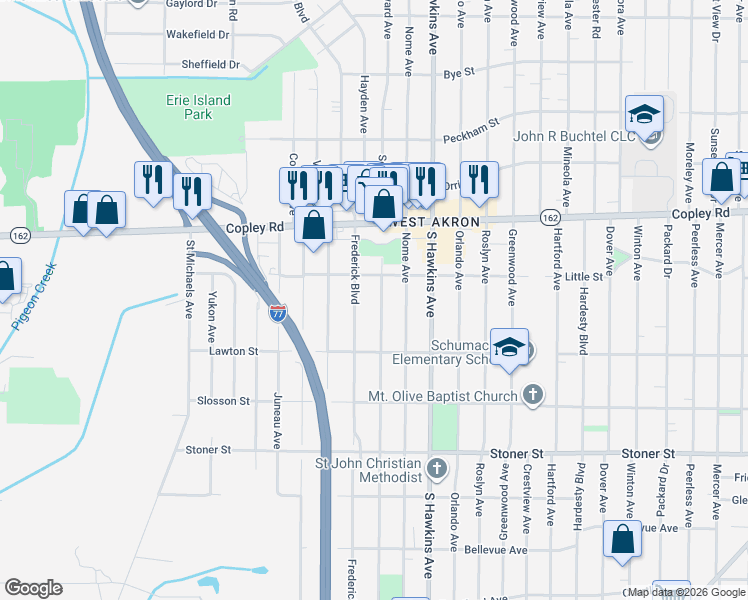 map of restaurants, bars, coffee shops, grocery stores, and more near 1001 Seward Avenue in Akron