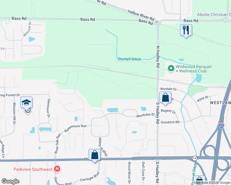 map of restaurants, bars, coffee shops, grocery stores, and more near 7466 Glen Gelder Circle West in Fort Wayne