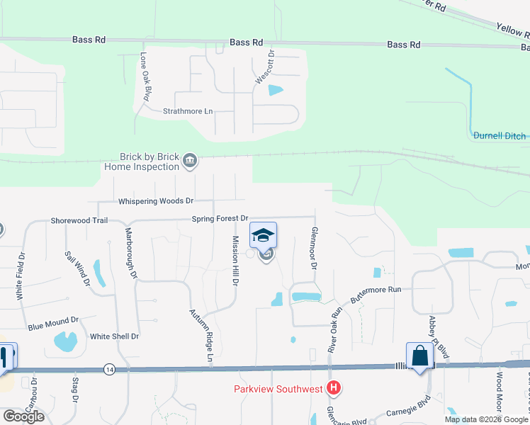 map of restaurants, bars, coffee shops, grocery stores, and more near 8510 Spring Forest Dr in Fort Wayne