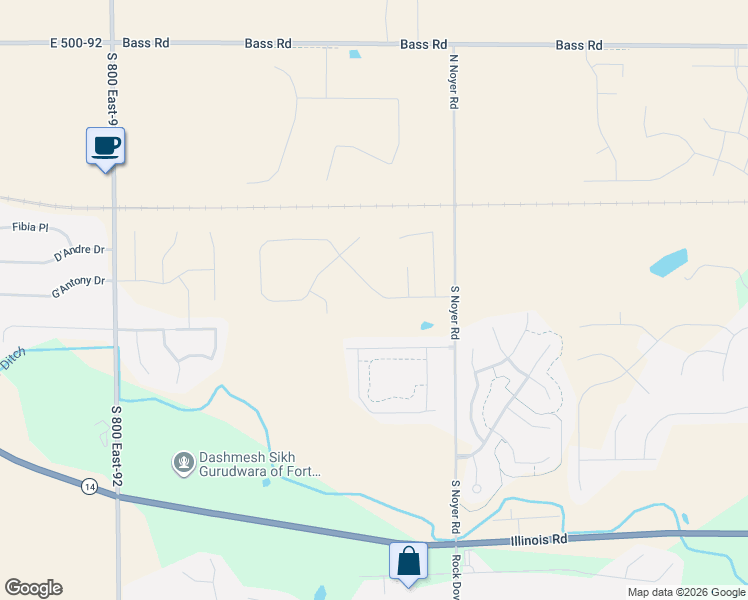 map of restaurants, bars, coffee shops, grocery stores, and more near 605 North Noyer Road in Fort Wayne