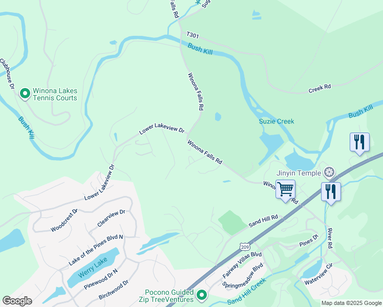 map of restaurants, bars, coffee shops, grocery stores, and more near 5119 Winona Falls Road in East Stroudsburg