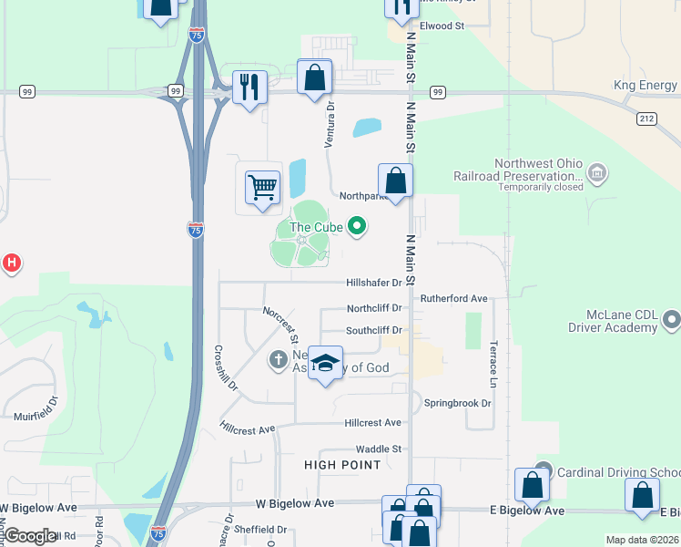 map of restaurants, bars, coffee shops, grocery stores, and more near 216 Hillshafer Drive in Findlay