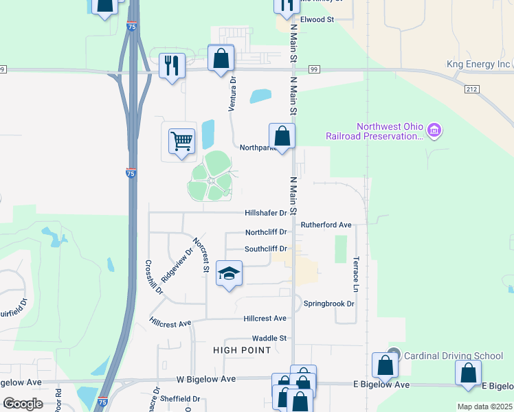 map of restaurants, bars, coffee shops, grocery stores, and more near 148 Hillshafer Drive in Findlay