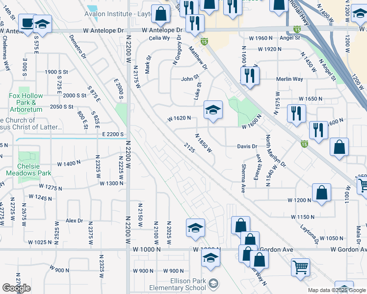 map of restaurants, bars, coffee shops, grocery stores, and more near 1501 North Celia Way in Layton