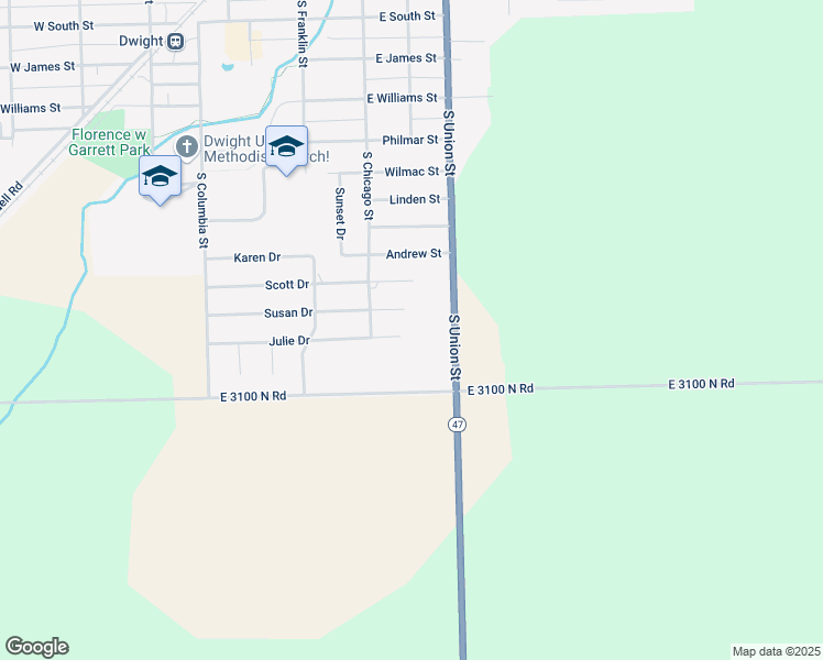 map of restaurants, bars, coffee shops, grocery stores, and more near 305 Susan Drive in Dwight