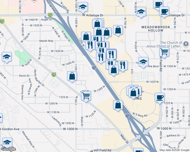 map of restaurants, bars, coffee shops, grocery stores, and more near 1500 North Angel Street in Layton