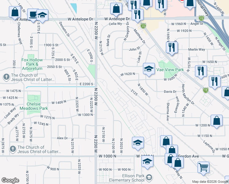 map of restaurants, bars, coffee shops, grocery stores, and more near 1570 North 1875 West in Layton