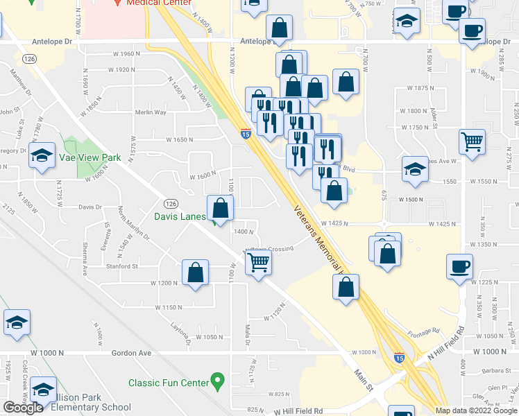 map of restaurants, bars, coffee shops, grocery stores, and more near 8 Trailer Park Road in Layton