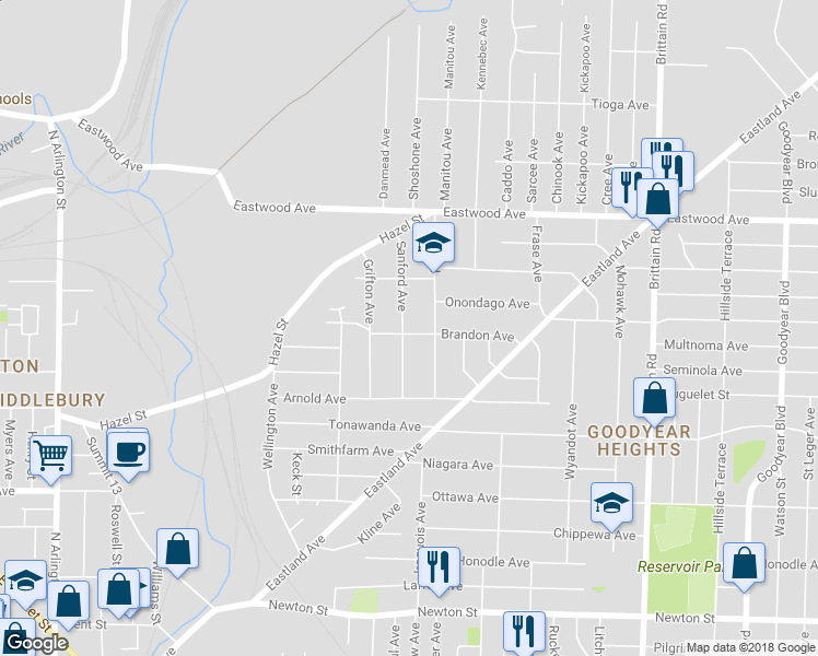 map of restaurants, bars, coffee shops, grocery stores, and more near 637 Sanford Avenue in Akron