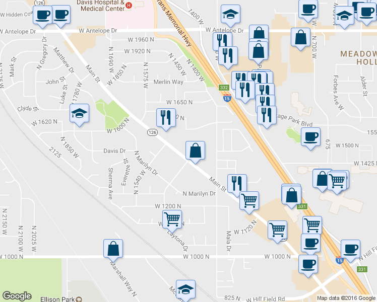 map of restaurants, bars, coffee shops, grocery stores, and more near 1464 North Main Street in Layton