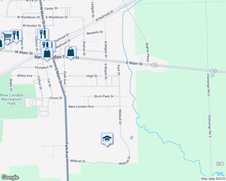 map of restaurants, bars, coffee shops, grocery stores, and more near 124 3rd Street in New London