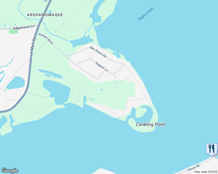 map of restaurants, bars, coffee shops, grocery stores, and more near 1980 August Lane in Greenport