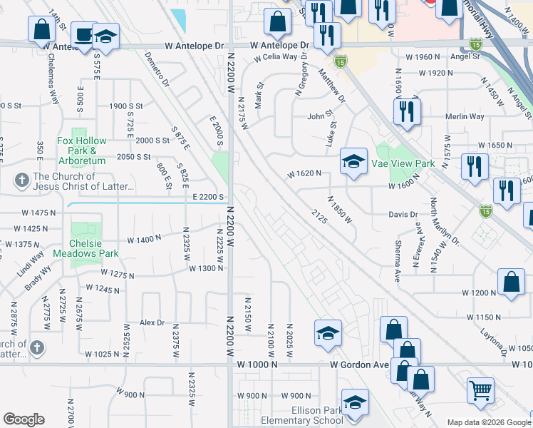 map of restaurants, bars, coffee shops, grocery stores, and more near Denver and Rio Grande Western Rail Trail in Layton