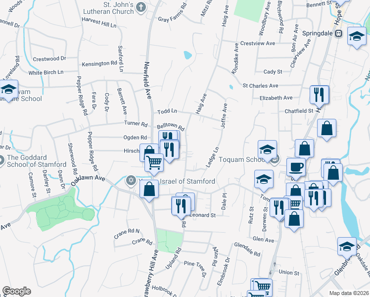 map of restaurants, bars, coffee shops, grocery stores, and more near 184 Belltown Road in Stamford
