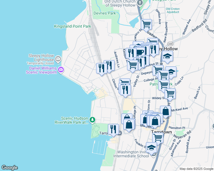 map of restaurants, bars, coffee shops, grocery stores, and more near 56 Hudson Street in Sleepy Hollow