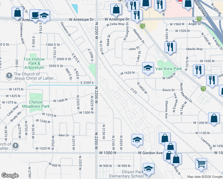 map of restaurants, bars, coffee shops, grocery stores, and more near Denver and Rio Grande Western Rail Trail in Layton