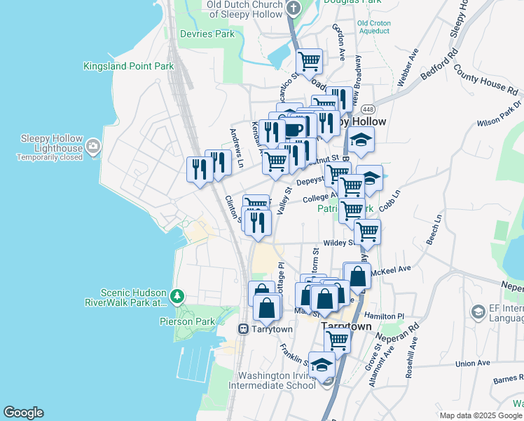 map of restaurants, bars, coffee shops, grocery stores, and more near 13 Cedar Street in Sleepy Hollow