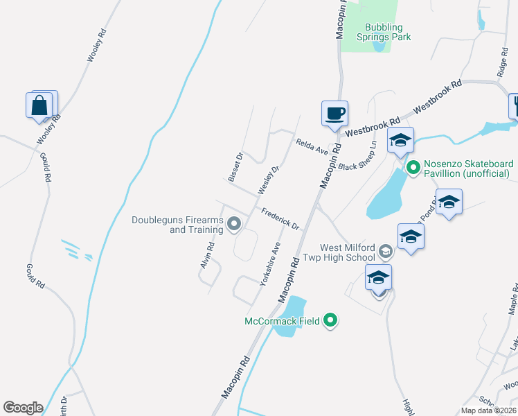 map of restaurants, bars, coffee shops, grocery stores, and more near 3 Wesley Drive in West Milford