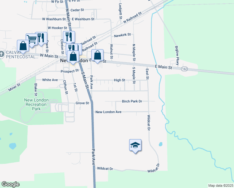 map of restaurants, bars, coffee shops, grocery stores, and more near 81 3rd Street in New London