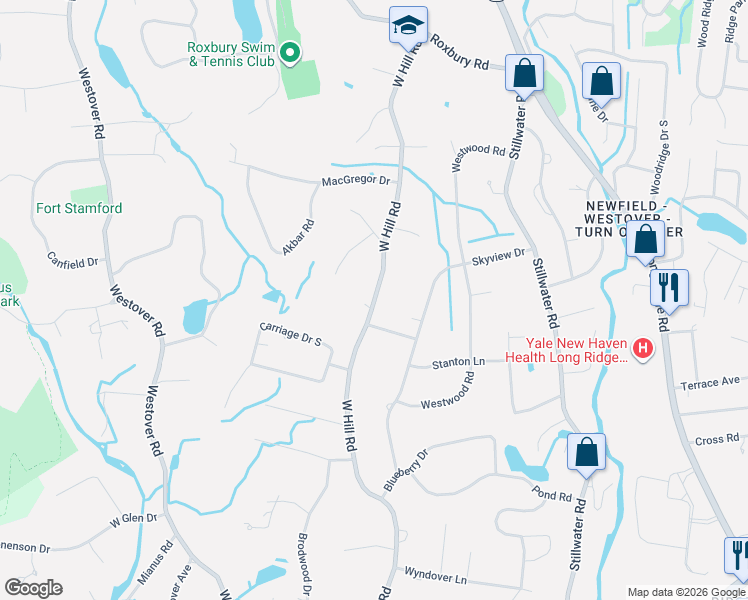 map of restaurants, bars, coffee shops, grocery stores, and more near 518 West Hill Road in Stamford