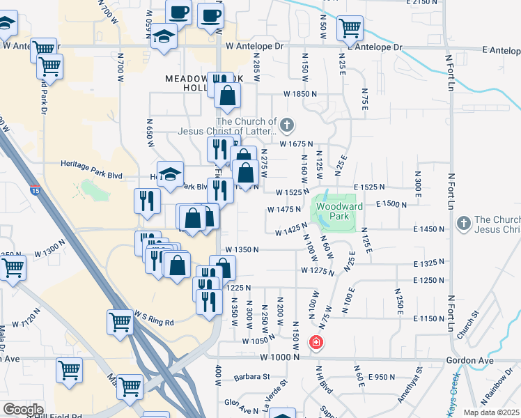 map of restaurants, bars, coffee shops, grocery stores, and more near 263 West 1525 North in Layton
