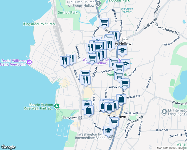 map of restaurants, bars, coffee shops, grocery stores, and more near 95 College Avenue in Sleepy Hollow