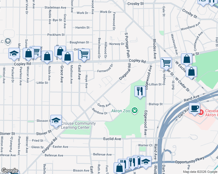 map of restaurants, bars, coffee shops, grocery stores, and more near 630 Diagonal Road in Akron