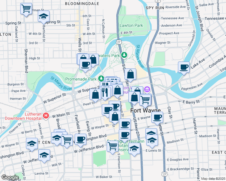 map of restaurants, bars, coffee shops, grocery stores, and more near 100 West Superior Street in Fort Wayne