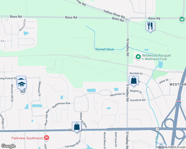 map of restaurants, bars, coffee shops, grocery stores, and more near 7466 Glen Gelder Circle West in Fort Wayne