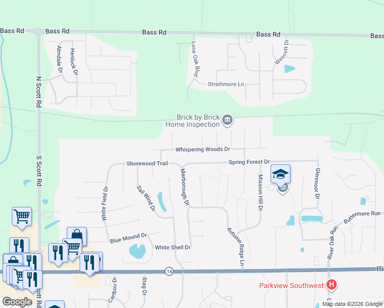 map of restaurants, bars, coffee shops, grocery stores, and more near 9100-9198 Whispering Woods Drive in Fort Wayne