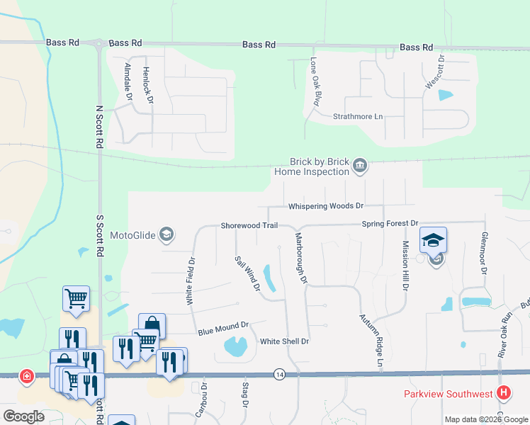 map of restaurants, bars, coffee shops, grocery stores, and more near 9332-9398 Whispering Woods Drive in Fort Wayne