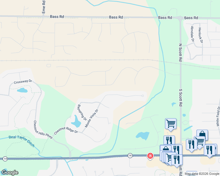 map of restaurants, bars, coffee shops, grocery stores, and more near 11116 Monte Vista Court in Fort Wayne